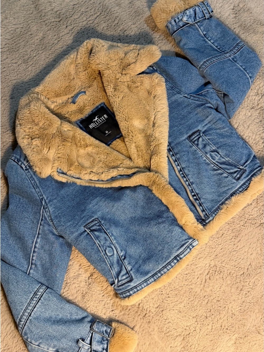 Hollister Light Blue Denim Jacket with Tan Sherpa Lining